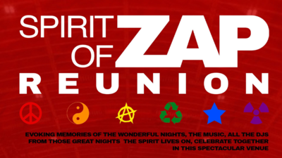 Text reads: 'Spirit of Zap Reunion. Evoking memories of the wonderful nights, the music, all the DJs from those great nights the spirit lives on, celebrate together in this spectacular venue.' Accompanied by icons depicting: peace, zen, anarchy, recycling, a star, and nuclear radiation
