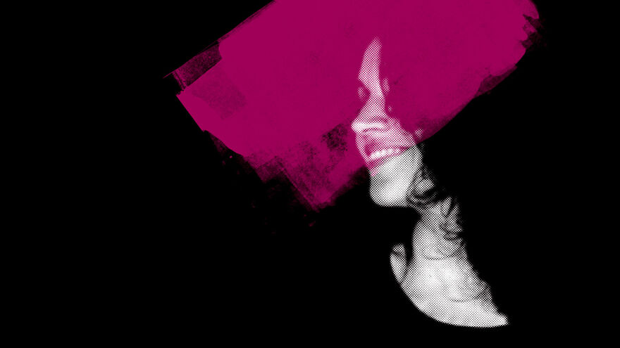 Image of a woman smiling, turned to the leftagainst a black background with a pink paint brush stroke over her face