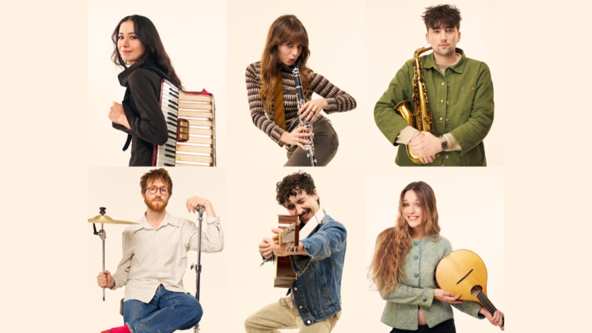 The band of Black Country, New Road each holding instruments