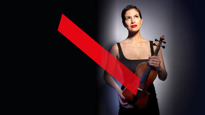 Woman in a black dress holding a violin. The picture as a red diagonal line 