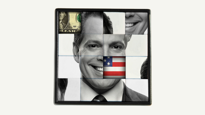 A square of Anthony Scaramucci's face, mixed up with a dollar bill and the US flag.