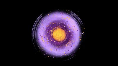 A purple circle with yellow splatters and a yellow centre against a black background