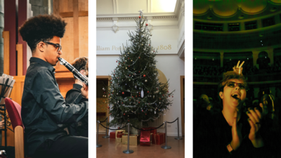 On the left a young boy playing a clarinet, in the middle a large christmas tree, on the right a person standing in a crowd, open mouthed and clapping