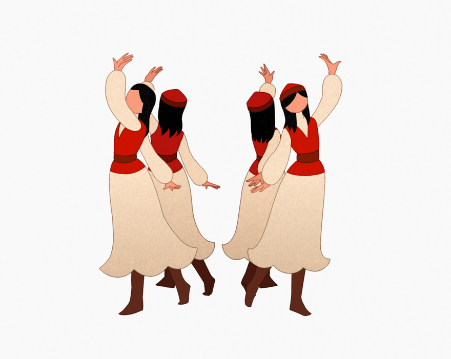 Four animated faceless female characters wearing beige skirts and shirts and red hats and waistcoats