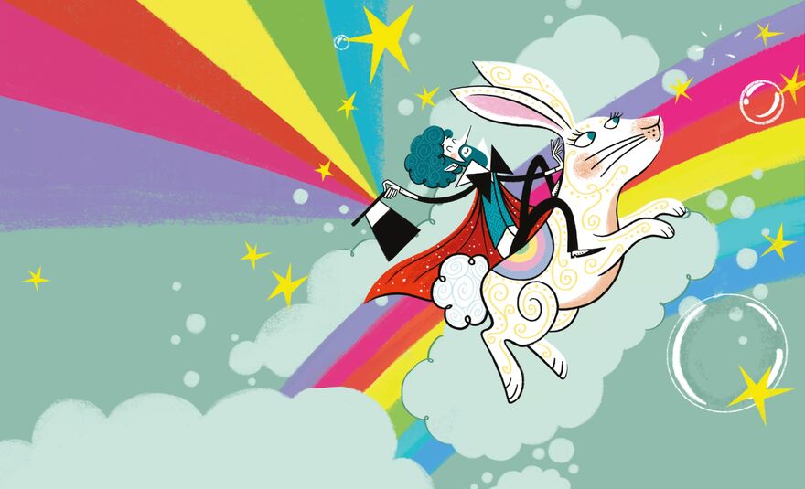 A magician riding a white rabbit with a rainbow flying out of his hat
