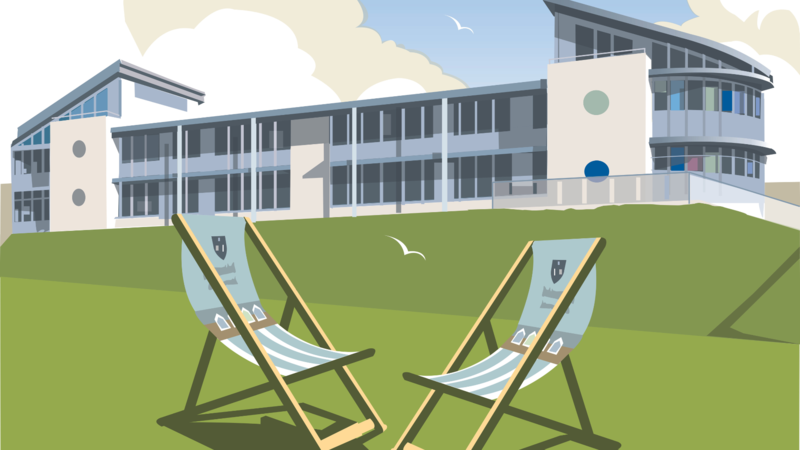 An illustration of two deckchairs on grass in front of a school building