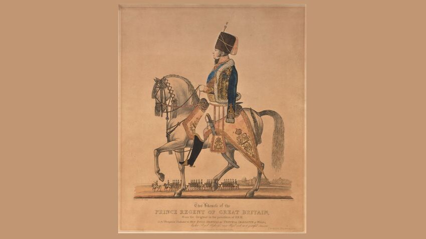A drawing of King George IV as Prince Regent. He is wearing military regalia and riding a white horse