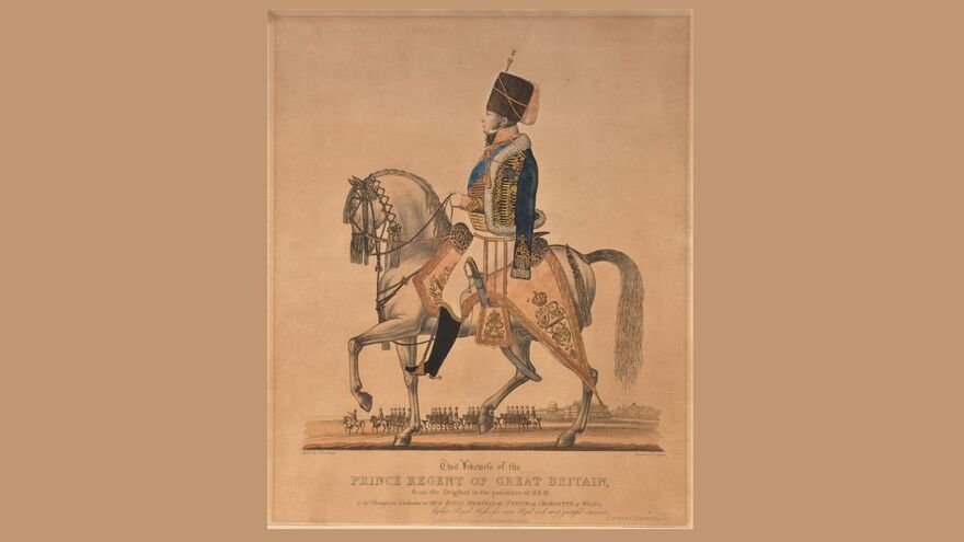 A drawing of King George IV as Prince Regent. He is wearing military regalia and riding a white horse