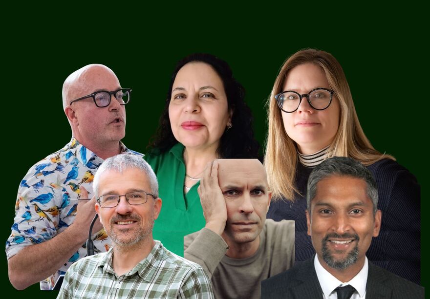 Collection of faces over a dark green background