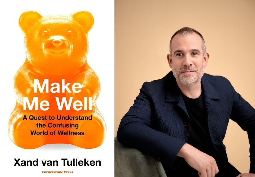 Split image, on the left side is a book cover with an orange gummy bear with the words 'Make Me Well' over the top. On the right is a man wearing a navy suit sitting down and smiling at the camera