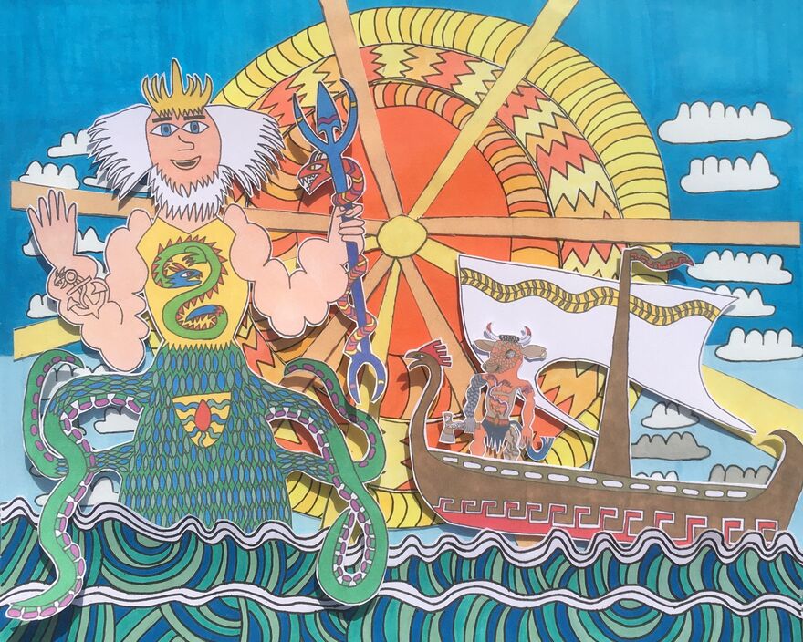 An illustration of a big sun on a blue sky in the background. In the foreground, a Minotaur is in a boat looking up at a giant Poseidon 