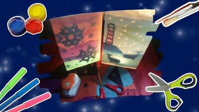 Cut out images of art supplies border an image of hand crafted paper christmas lanterns