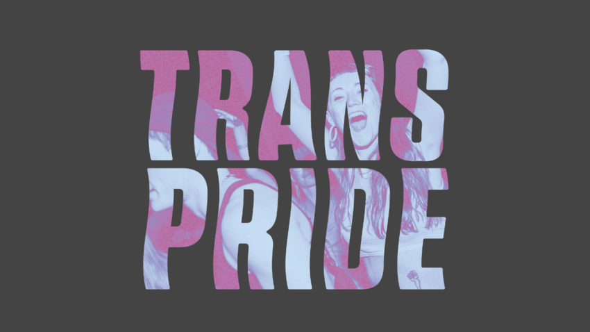 Words reading 'Trans Pride' overlayed on an image of a person with their hands in the air at a party
