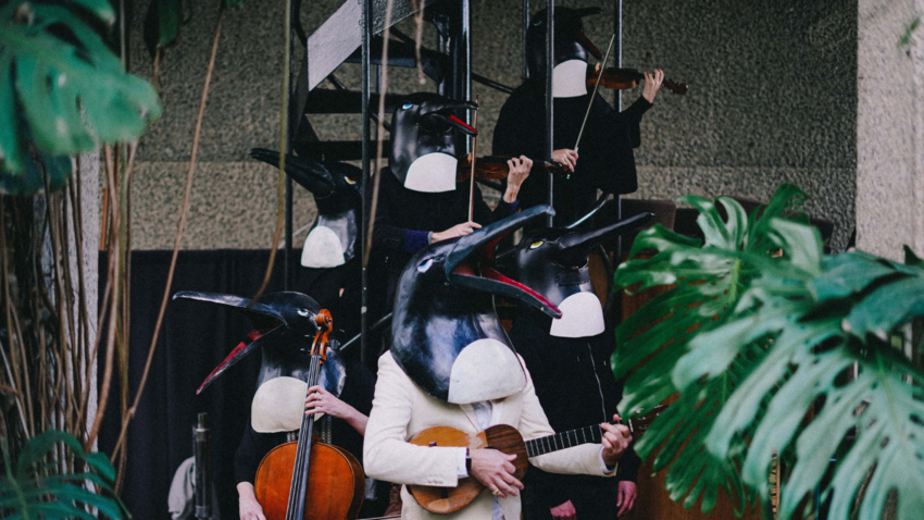 four people dressed as penguins hold various instruments