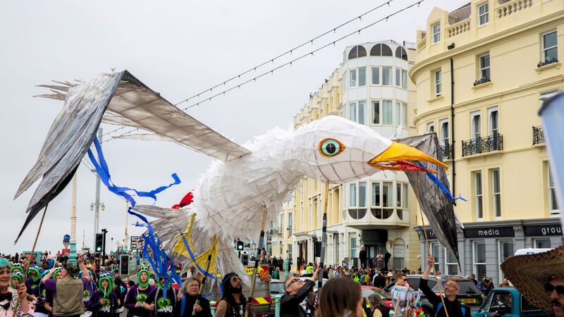 A giant papier mache model of a seagull being paraded along Brighton seafront