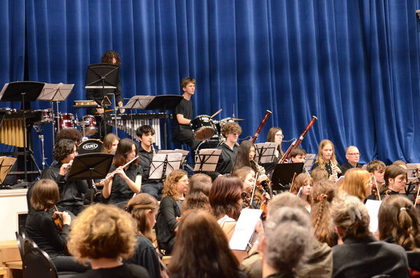Youth orchestra performing on stage