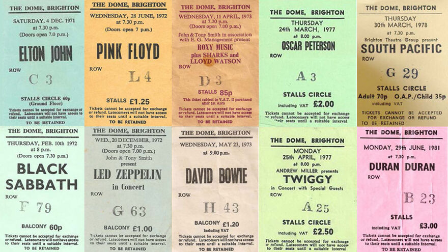 A collection of differently coloured posters for shows at the Brighton Dome. The acts included are: Elton John, Pink Floyd, Roxy Music, Oscar Peterson, South Pacific, Black Sabbath, Led Zeppelin, David Bowie, Twiggy and Duran Duran
