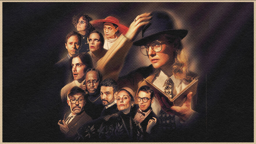 A vintage-style illustrated group portrait of several people, including a prominent woman in a large black hat and round glasses holding an open book, surrounded by other men and women in period clothing.