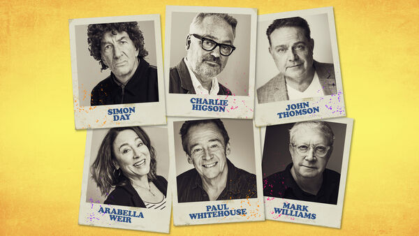 Headshots of the original 6 cast members displayed as polaroid photographs on a yellow digital background