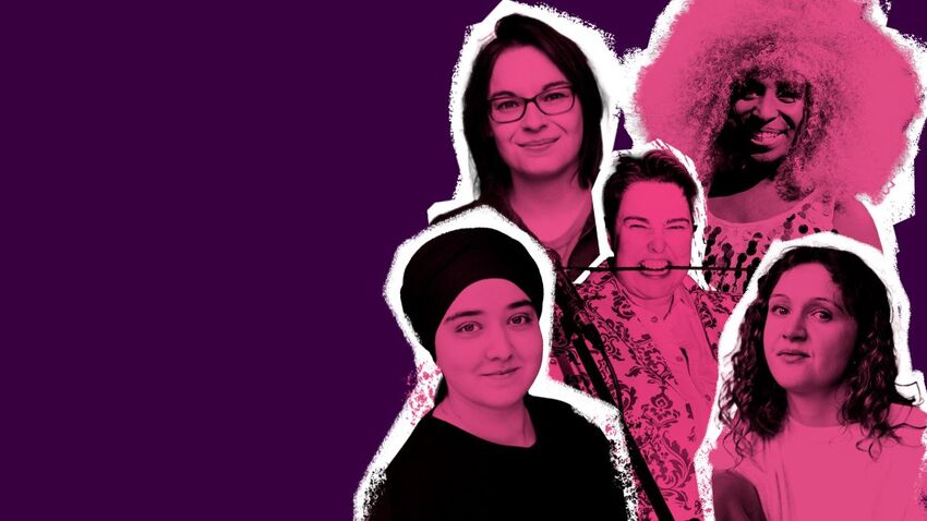 Headshots of the Disabled + Disobedient performers are all layered over each other. They all have a pink wash over the image and are layered as if stuck down by hand