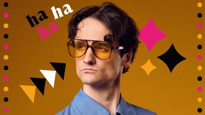 Jazz Emu wearing yellow tinted sunglasses and a blue shirt in front of a yellow ombre background with yellow, black, white and pink comedy graphics surrounding him