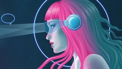 A cartoon of a woman with pink hair and futuristic glasses on