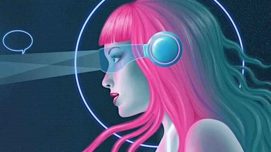 A cartoon of a woman with pink hair and futuristic glasses on