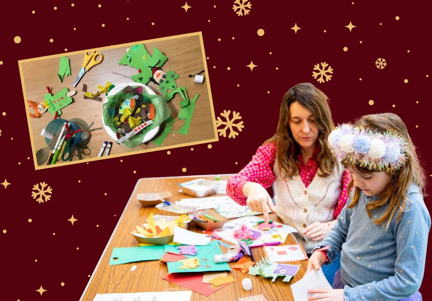 A woman and a child crafting on a table. Next to them is another image of handmade festive spoon crafts. Both images sit above a red background with gold snowflakes
