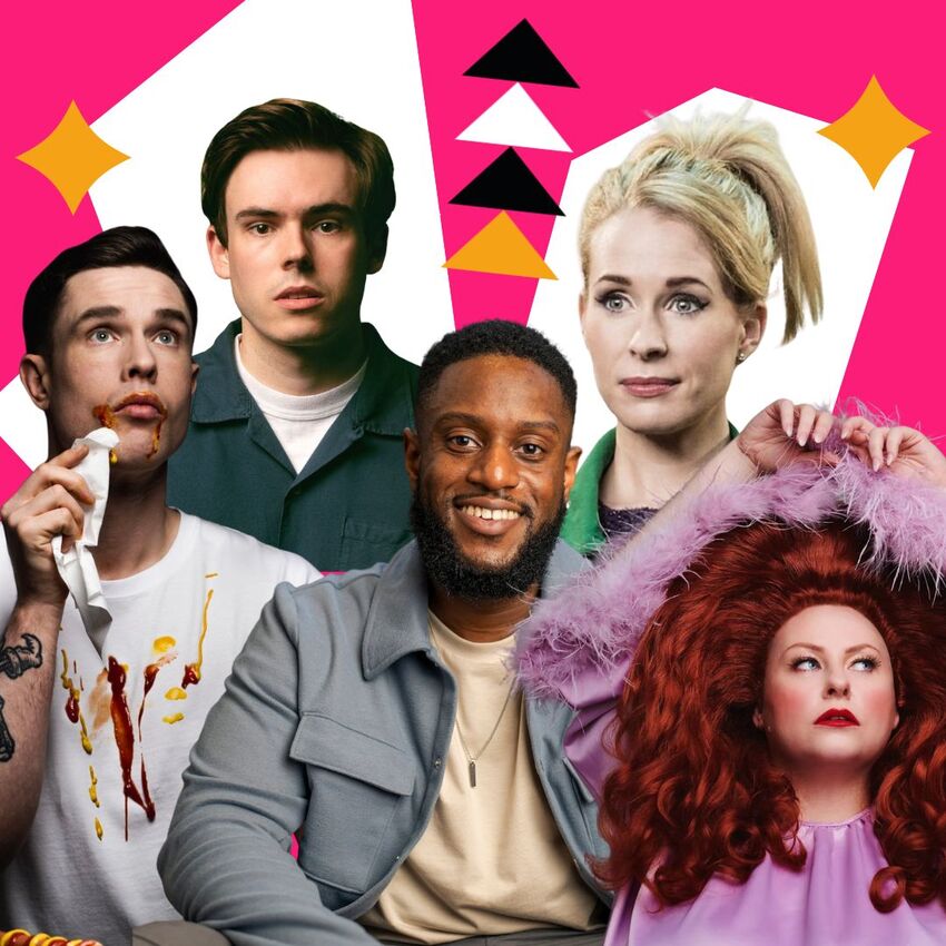 Collage of different comedians over a pink background