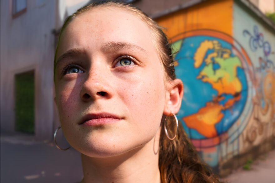 Close up of a girl's face as she stares into the distance. Behind her is a mural of a globe on a street wall