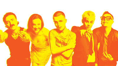 orange and yellow image of the cast members of the trainspotting musical