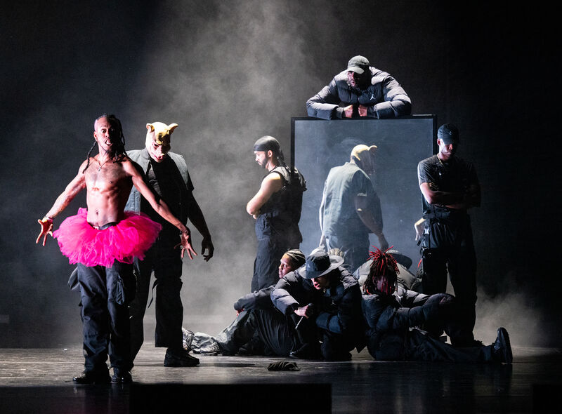 A gang of dancers cluster around a mirror. One them is wearing a pink tutu another wears a pig mask.