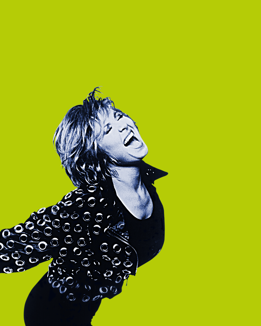 Lulu in a blue tone picture screaming with her arms behind her back. She stands over a lime green plain background