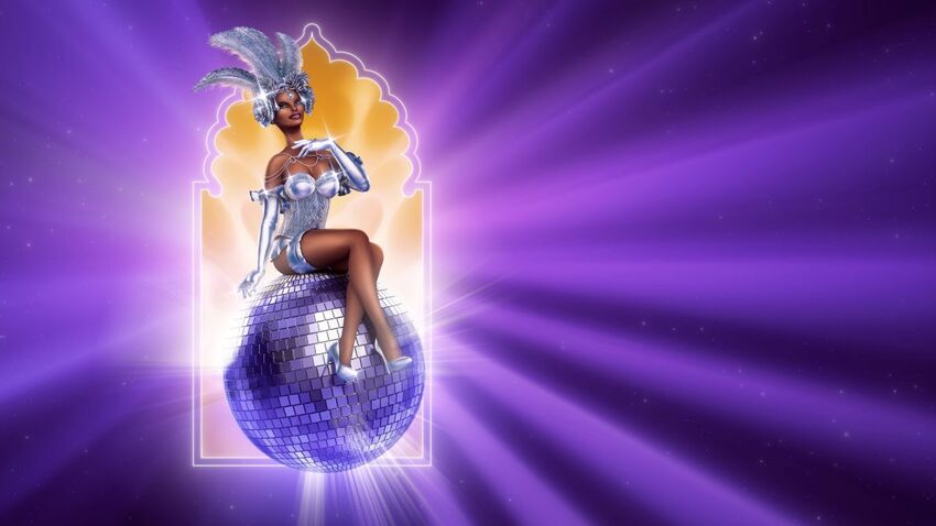 An illustration of a woman in silver corset, gloves and heels sits on a silver disco ball in front of the Brighton Dome widow shape and rich purple background