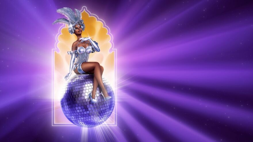 An illustration of a woman in silver corset, gloves and heels sits on a silver disco ball in front of the Brighton Dome widow shape and rich purple background