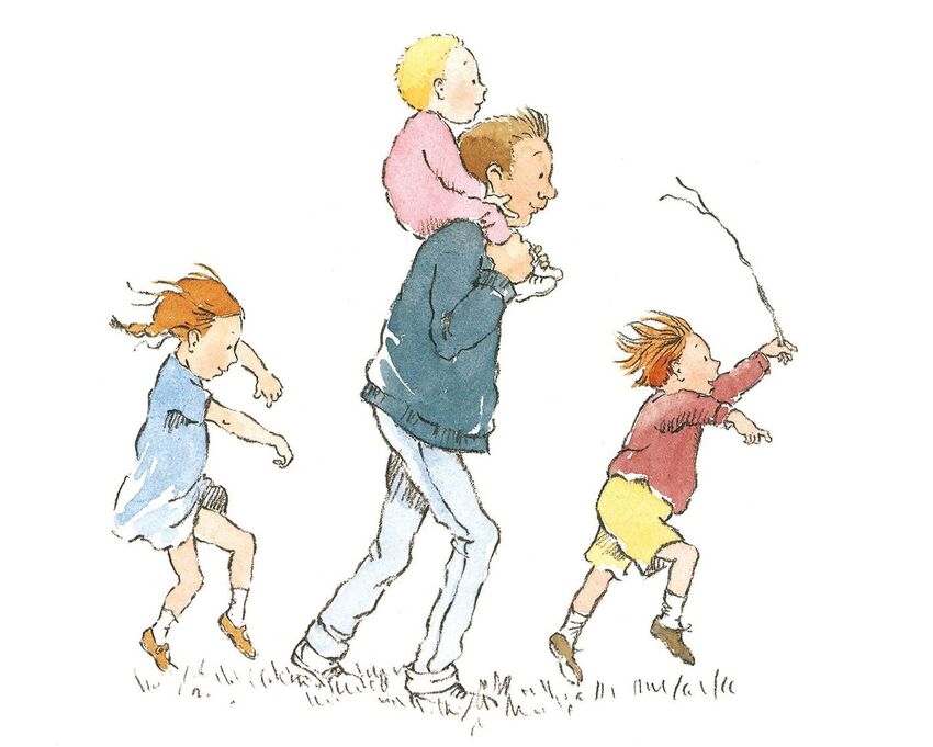 A cartoon of a dad carrying a baby on his shoulders, with a young boy and girl walking in front and behind him