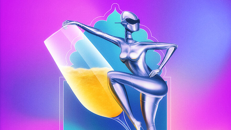A futuristic, robotic creature leans against a giant glass of prosecco