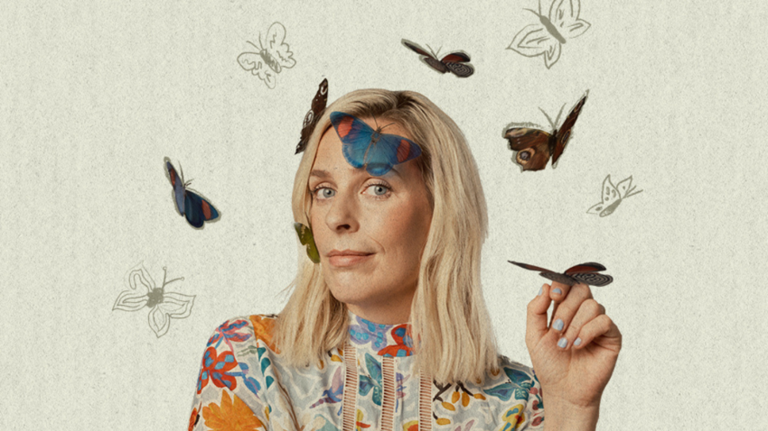 Sara Pascoe with illustrated butterflies around her head