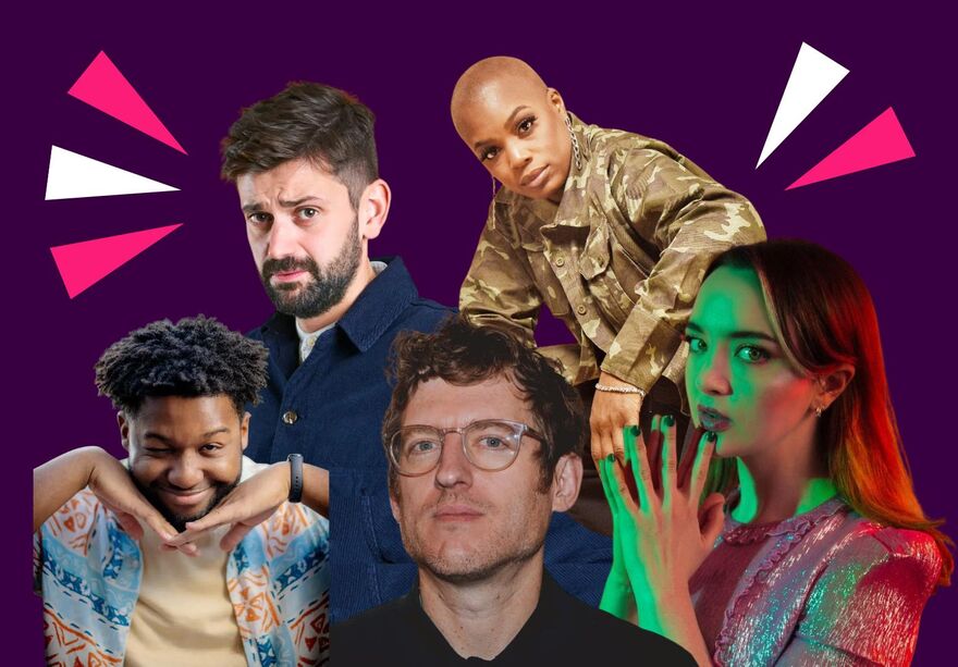 Montage of headshots, over a pink background with yellow and white triangles surrounding