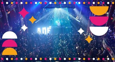 A DJ on stage with a full crowd. There are blue bright strobe lights and ADF in big white letters on the stage. Surrounding the image pink, white and yellow stars and dots 