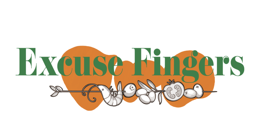 Logo which has Excuse Fingers in green font over three orange shapes. Under the text is a black line drawing of a skewer with prawns, tomatoes and olives on it