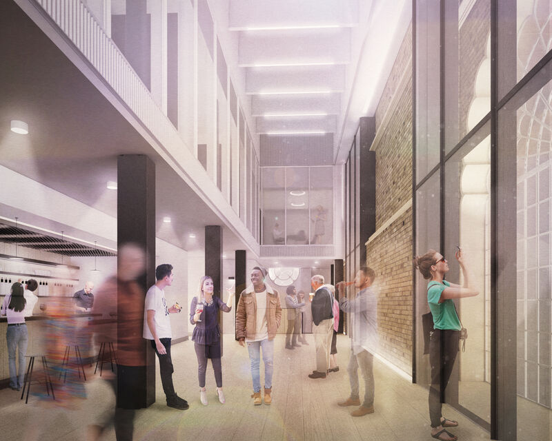 A visualisation image of the new Gallery Bar space, with a bar an white walls on the left, the Corn Exchange window and brick walls on the right. The ceiling is double-height with a bright, open, airy feel 