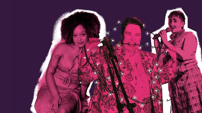 Headshots of Erin Enfys, AFLO. the poet and Dad are layered over each other. They all have a pink wash over the image and are layered as if stuck down by hand. Erin's photo is surrounded by fairy lights, giving a festive feel to the image.