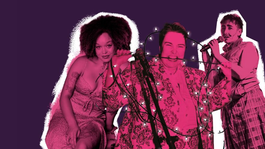 Headshots of Erin Enfys, AFLO. the poet and Dad are layered over each other. They all have a pink wash over the image and are layered as if stuck down by hand. Erin's photo is surrounded by fairy lights, giving a festive feel to the image.