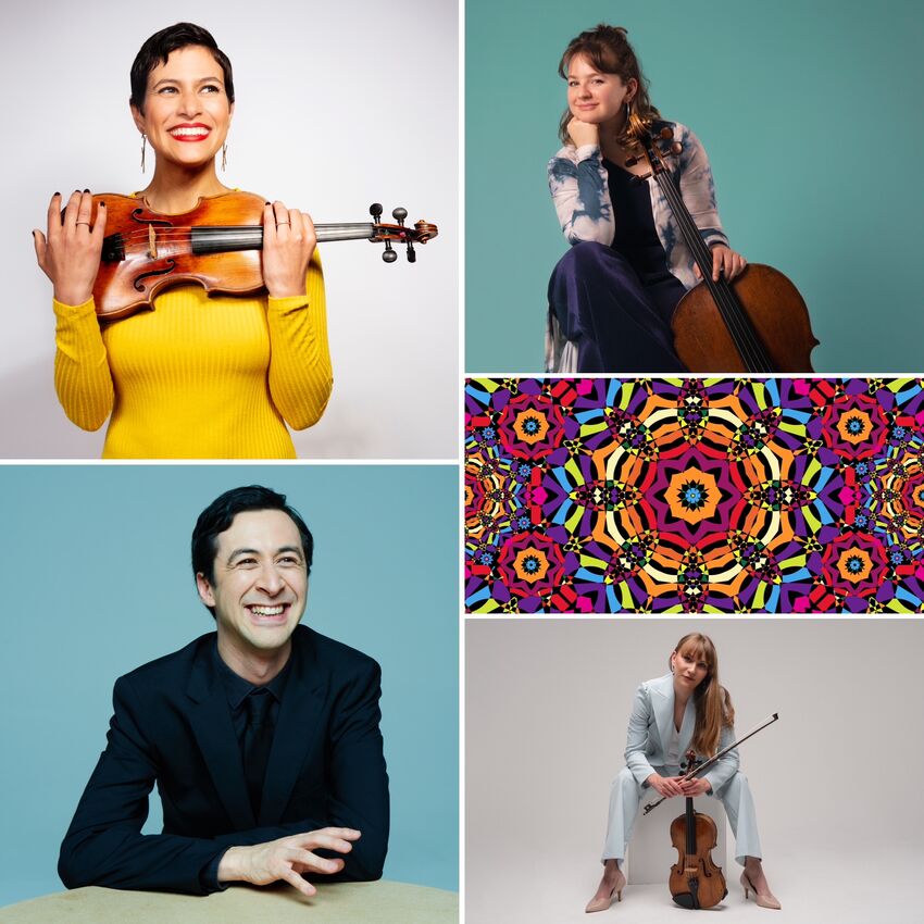 A collection of images including a woman in a yellow dress holding a vioin, to two woman sitting down with a cello and violin, to a man smiling. The image also features a kaleidoscope 
