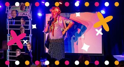 Cartoon image of Angela Lansbury from Murder She Wrote with a typewritter at the bottom and a gun and bloodied knife