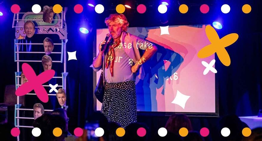 Cartoon image of Angela Lansbury from Murder She Wrote with a typewritter at the bottom and a gun and bloodied knife