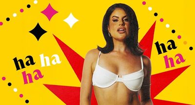 Elouise Eftos wearing a white bra standing in front of a red star and yellow background. She is surrounded by black, yellow and pink dots, stars and 'ha ha's