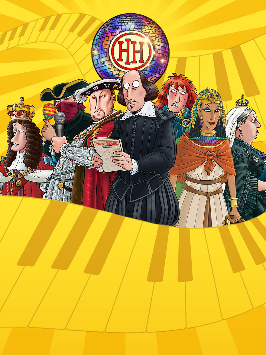 Yellow background with musical notes and includes cartoons of historical figures including William Shakespeare, Cleopatra and Henry VIII