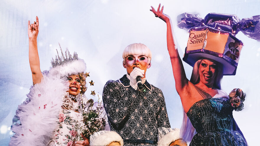 A photo collage of Gem the Clown in the winners crown and white feather boa, Alfie Ordinary hosting wearing a glittery suit and Ophelia Payne with a giant Quality Street box and chocolate headwear